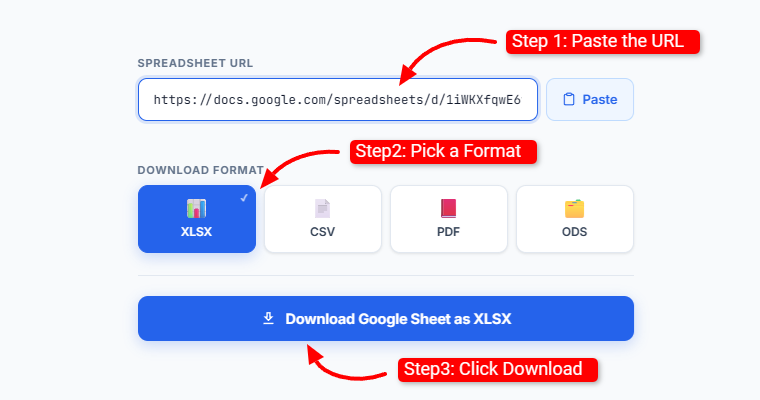 SheetsBox Google Sheets downloader tool showing URL input and format selection